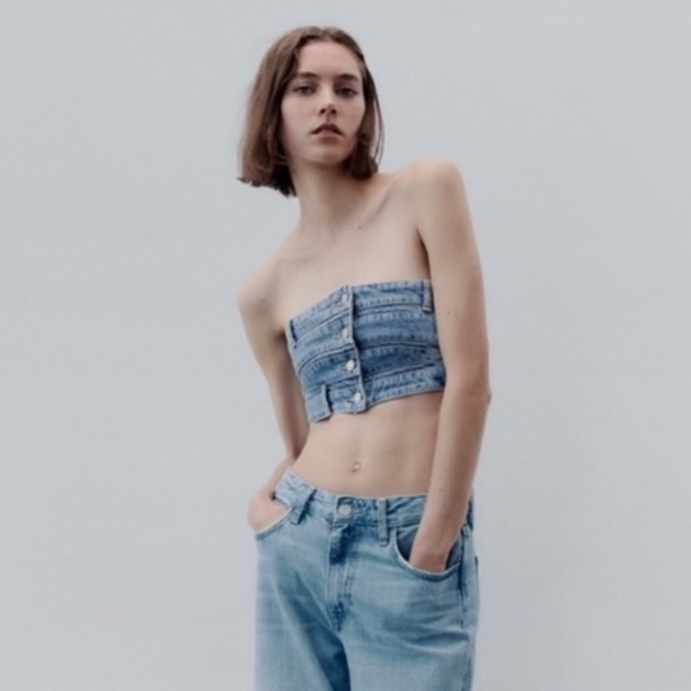 NWT Zara Denim Strapless Button Up Top